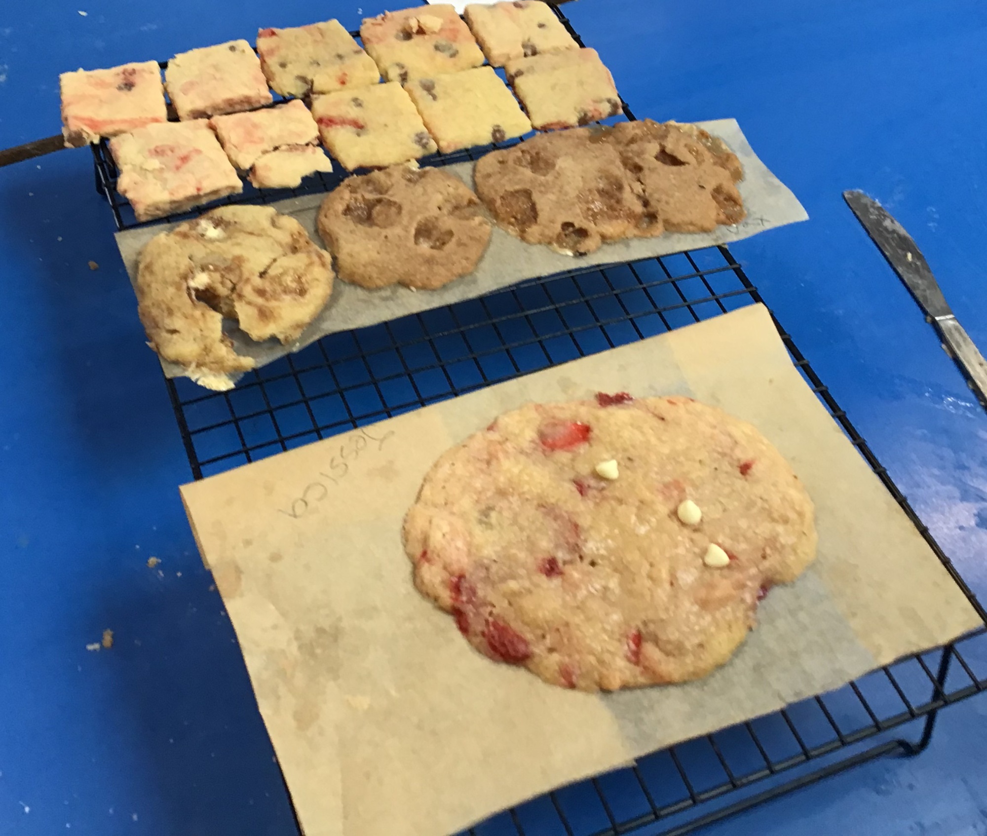 Selection of baked bisuits cooling on a wire tray