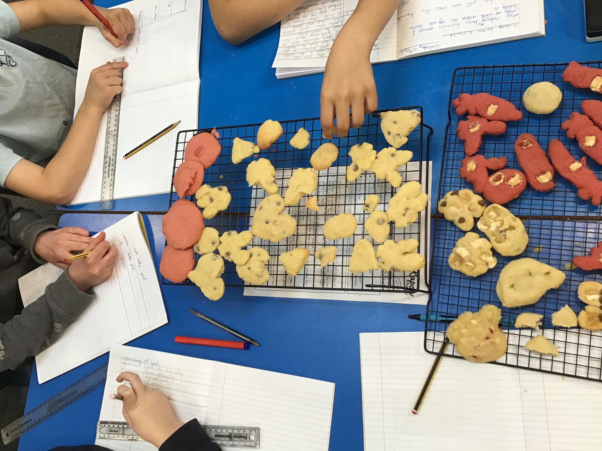 Children sitting around a table with work books open, sampling and making notes on biscuits they have baked