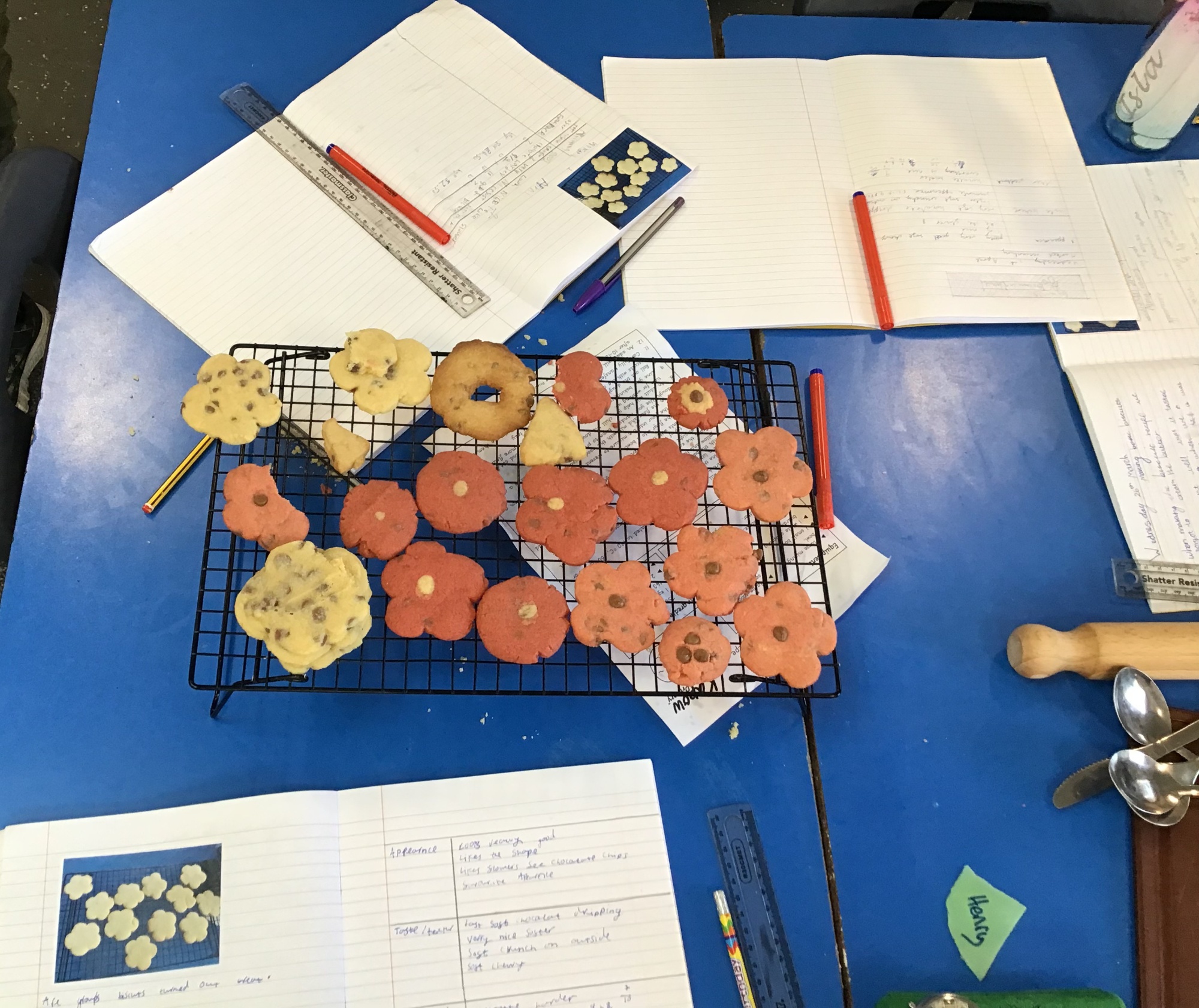 Sample biscuits cooling on a wire tray. Children's exercise books open showing their recipes and notes