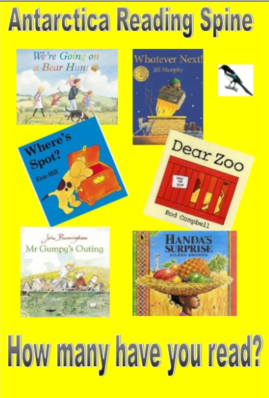 We're Going on a Bear Hunt, Whatever Next, Where's Spot, Dear Zoo, My Gumpy's Outging, Handa's Surprise