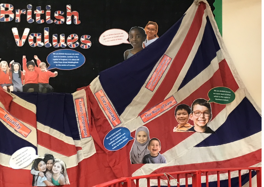 Image of the Union Jack flag and children  sharing the British values