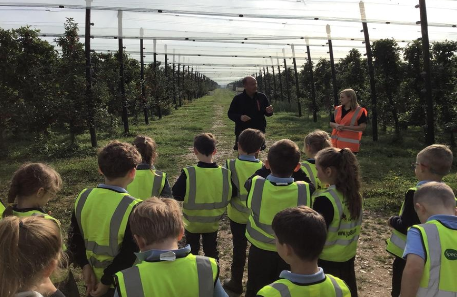 Group of children in an apple orchard being given a talk by the farmer